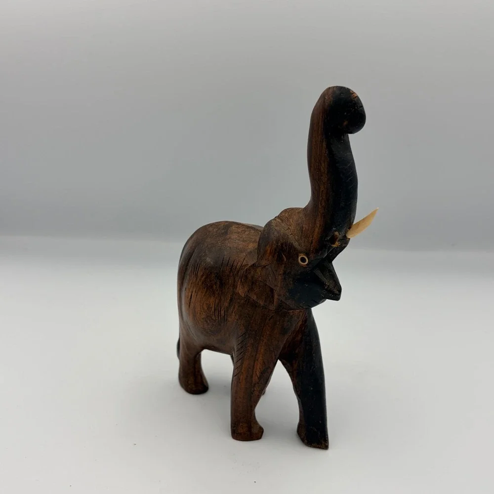 Hand Carved Wooden Elephant Figurine Trunk Up Lucky Charm‎ Decor